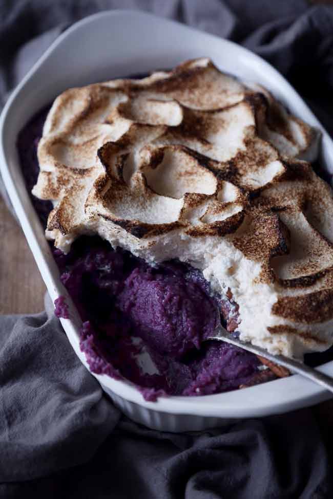 Purple Sweet Potato Casserole With Toasted Marshmallow Meringue