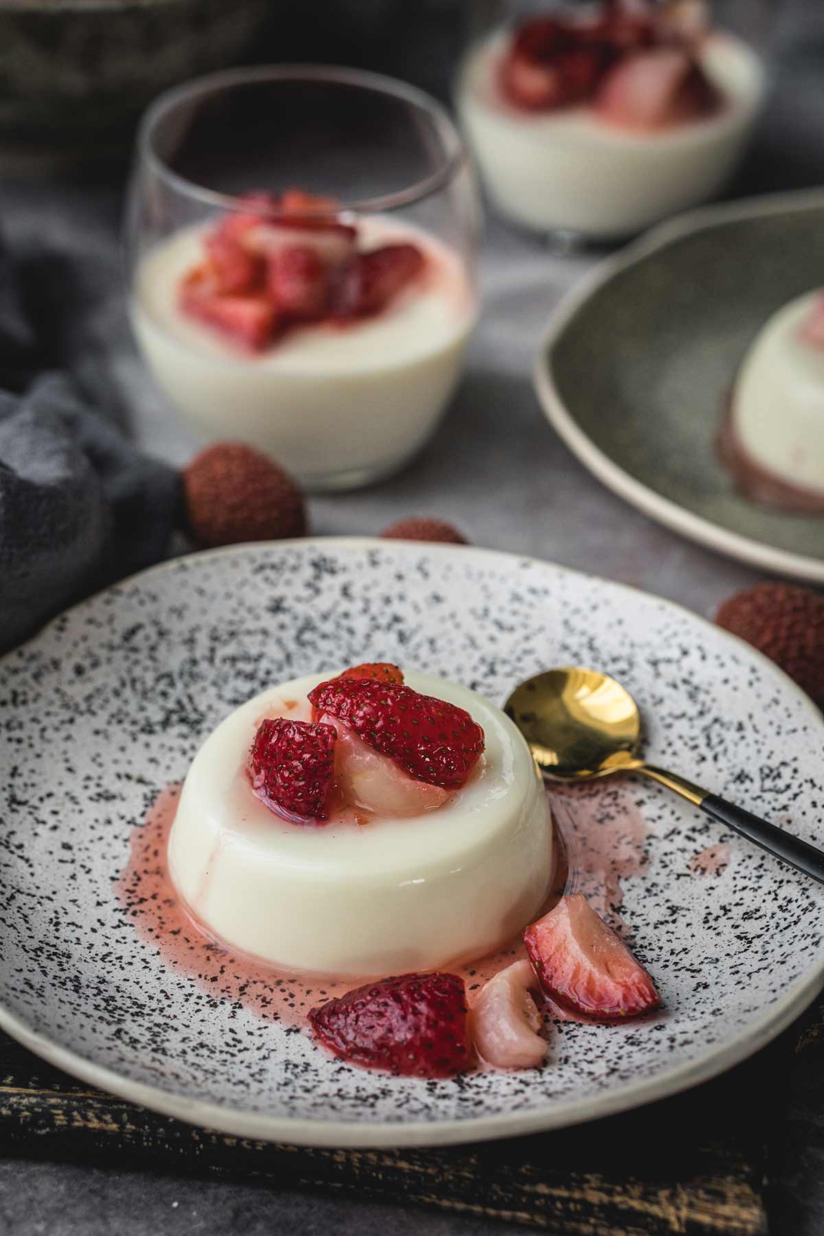 Creamy lychee panna cotta on a plate