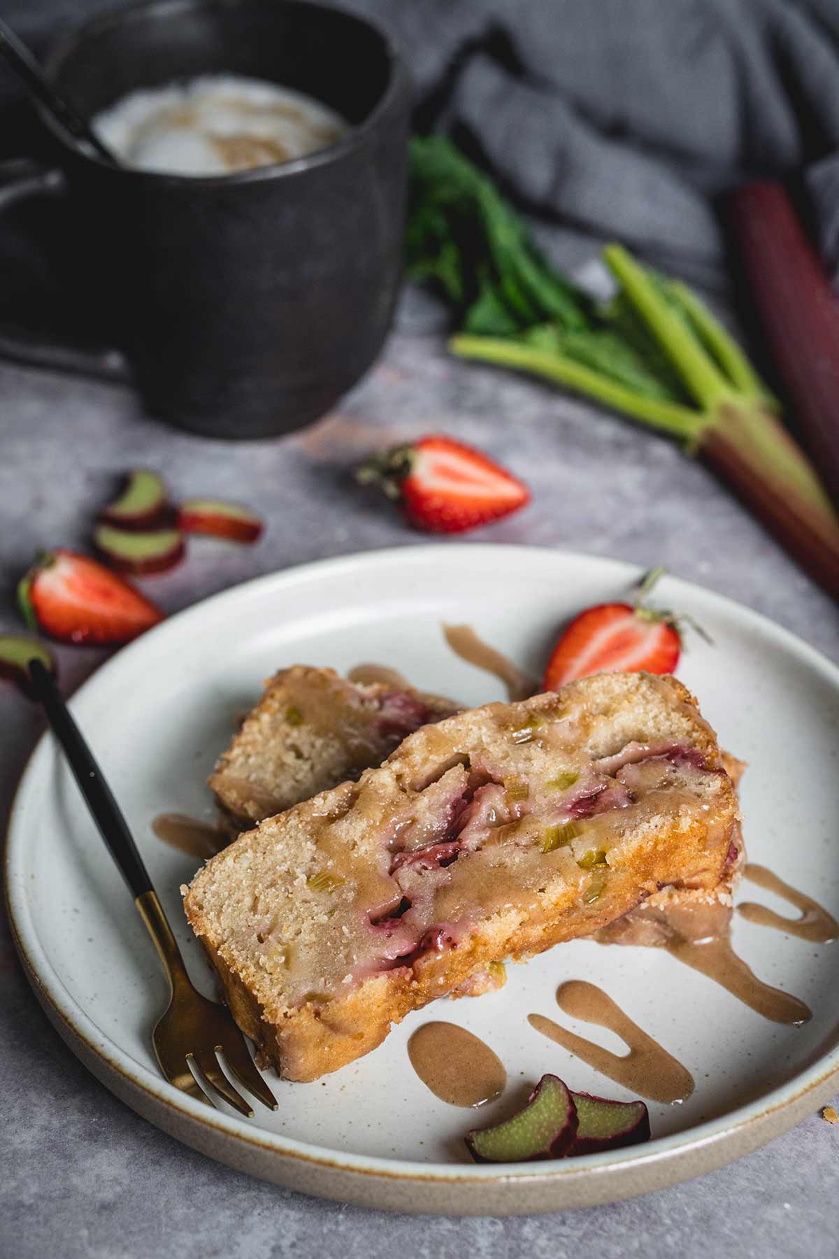 A slice of the rhubarb strawberry bread
