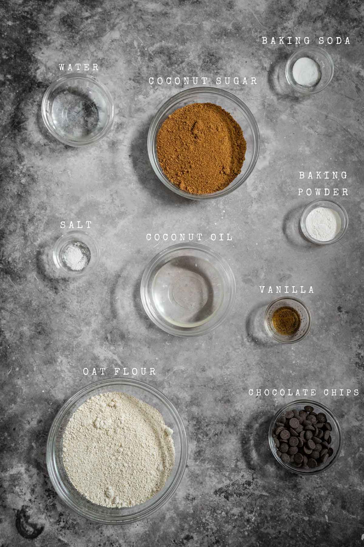 Ingredients of the chocolate chip cookie bars made with coconut oil