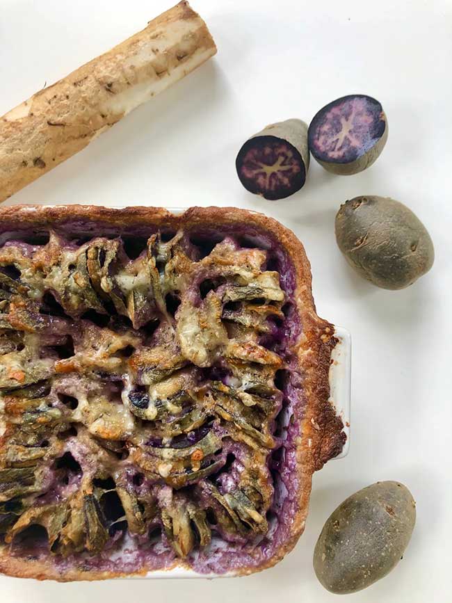 Burdock Root & Purple Potato Gratin