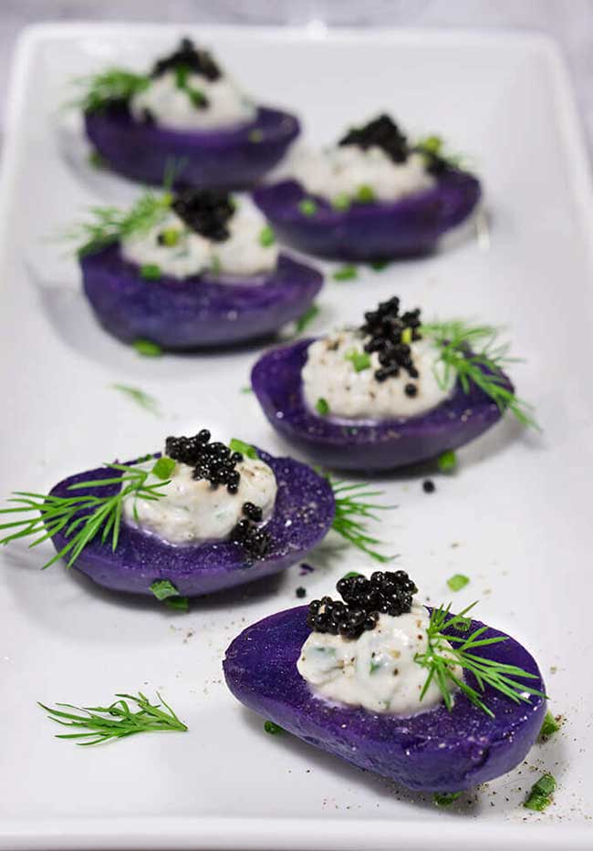 Purple Potato Bites with Horseradish Creme Fraiche and Caviar