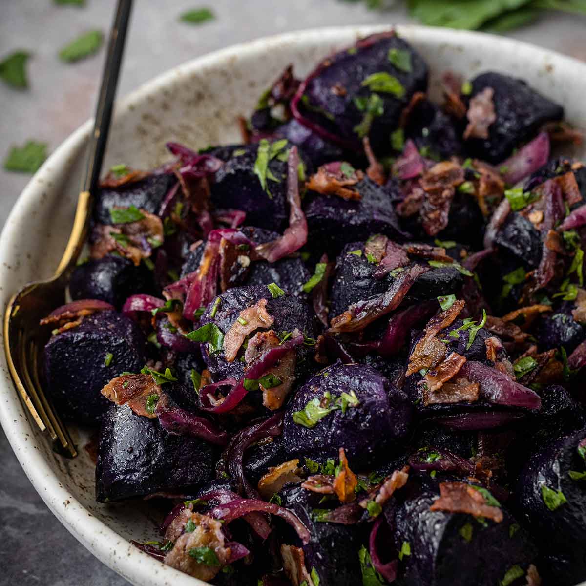 Purple potato salad with bacon featured photo
