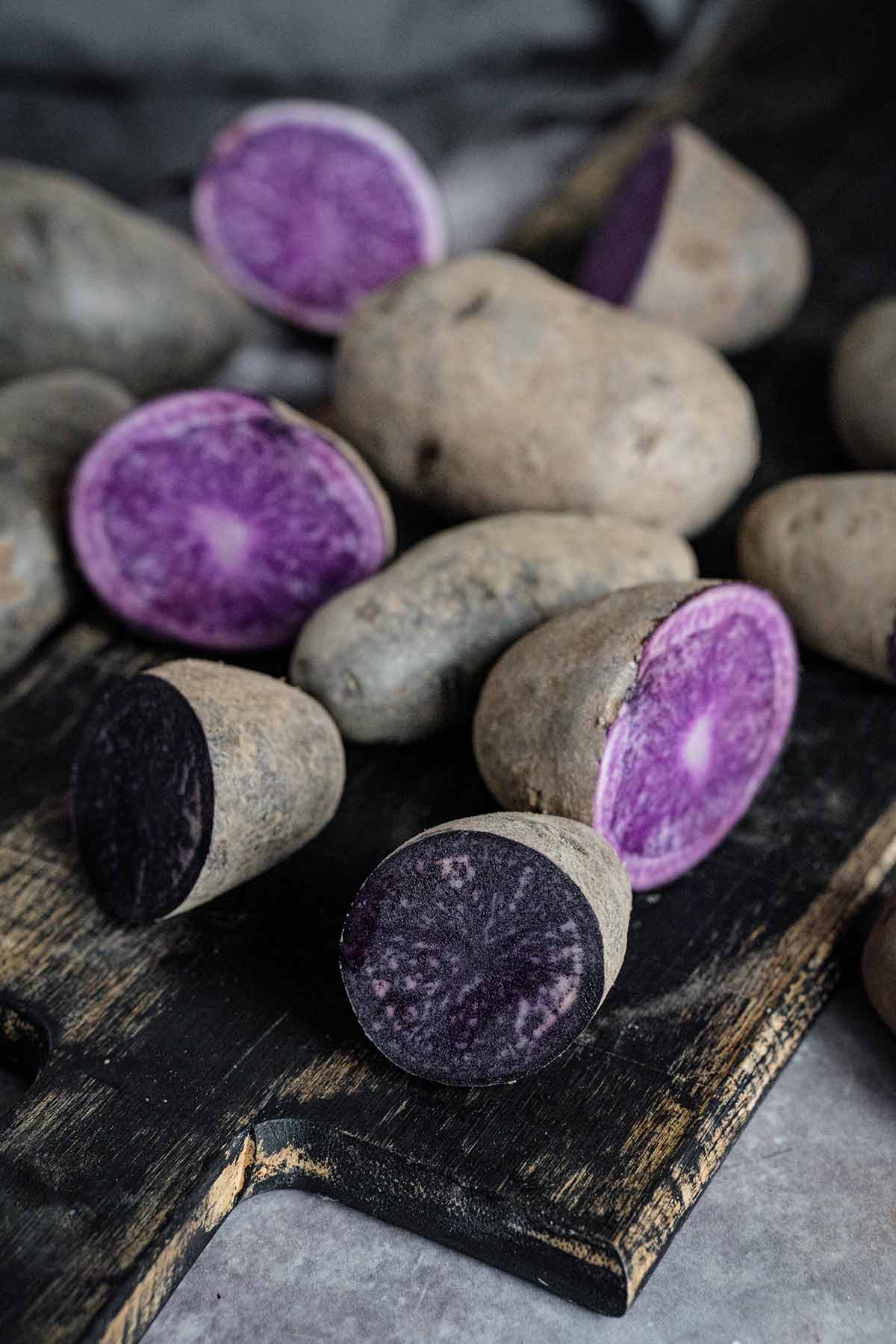 Purple potatoes cut in half