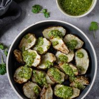 Roasted sunchokes with chimichurri sauce