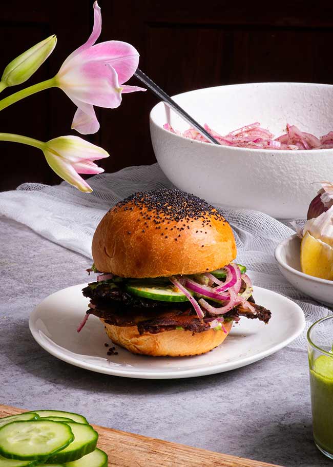 Maitake Smash Burgers with Sumac Onions and Mint Aioli
