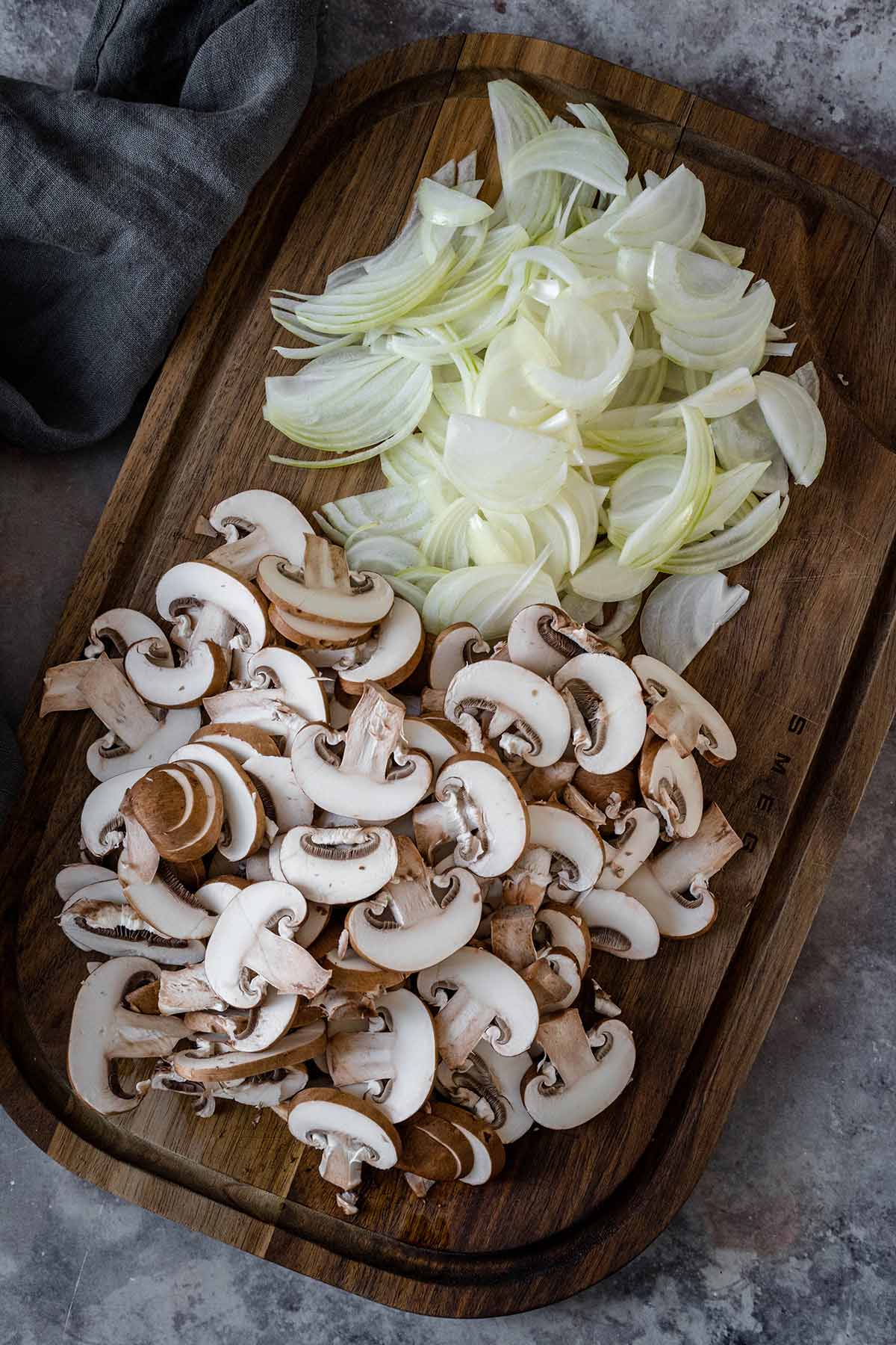 Sliced onions and mushrooms
