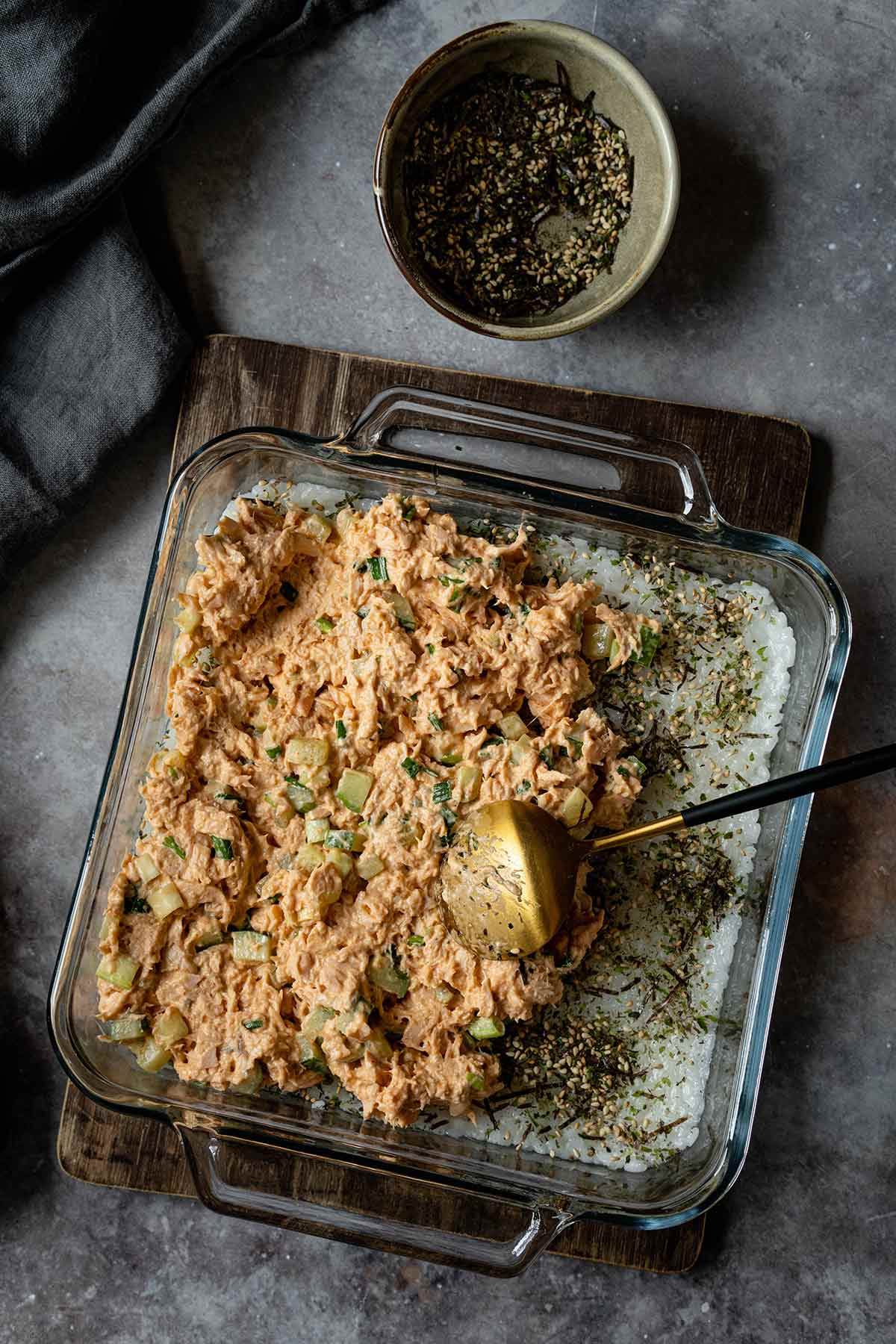 Salmon mixture topped on sushi rice